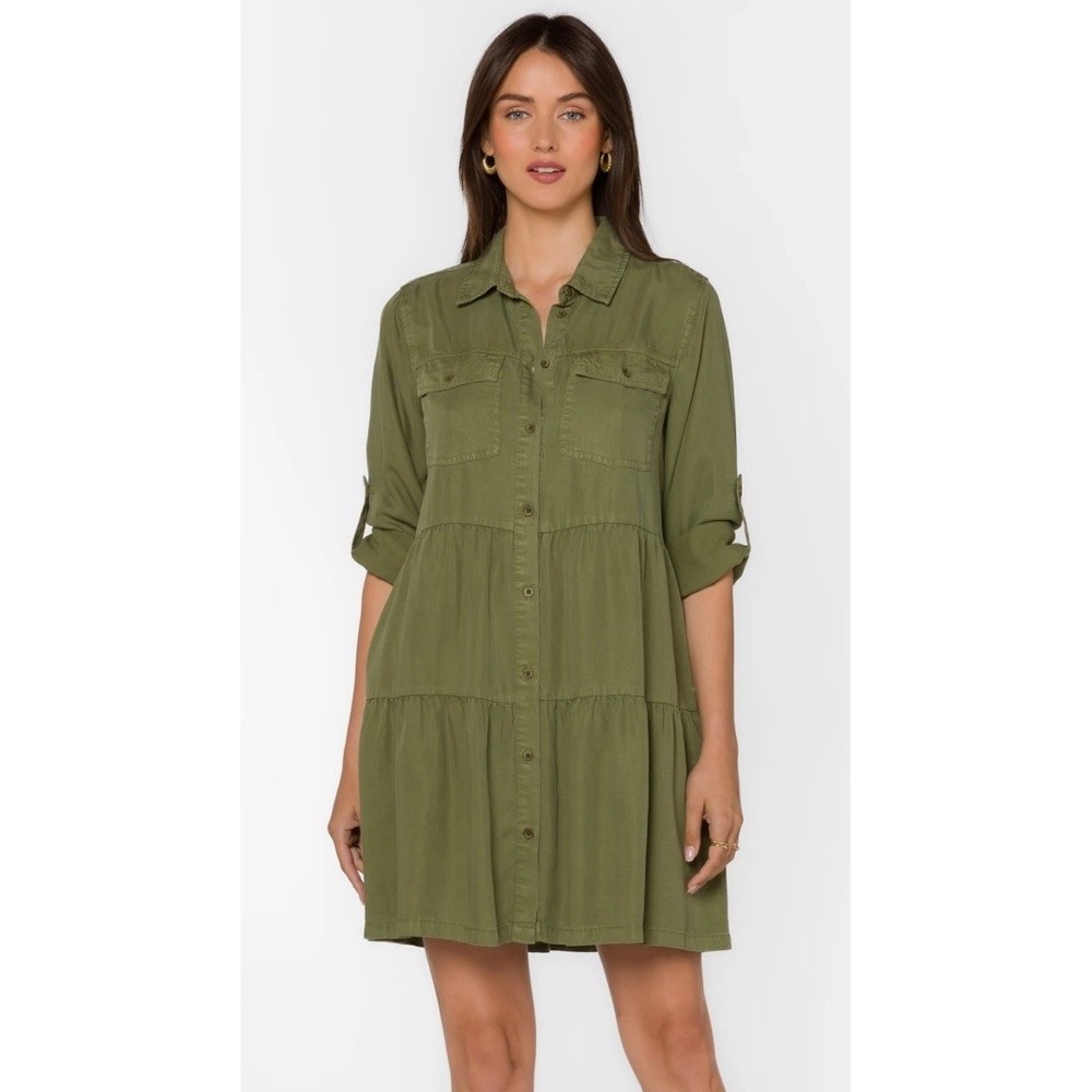 NWT Millenium Tiered Shirt Dress Olive Green Petite Large PL Tencel Babydoll